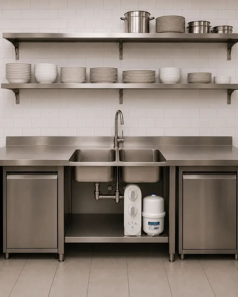 Cocina industrial con sistema Welken instalado bajo el fregadero